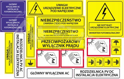 Zestaw naklejek informacyjno-ostrzegawczych fotowoltaika