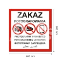 Znak tablica ZAKAZ FOTOGRAFOWANIA w 4 językach duży kwadrat 60x60 cm