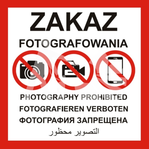 Znak tablica ZAKAZ FOTOGRAFOWANIA w 4 językach duży kwadrat 60x60 cm